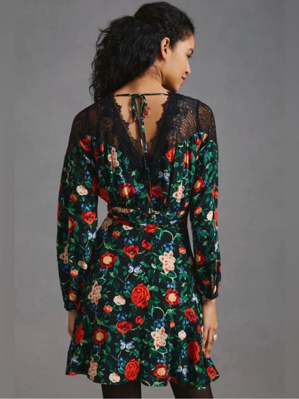 Anthropologie Black Floral Lace-Trim Long Sleeve Dress - Picture 3 of 8